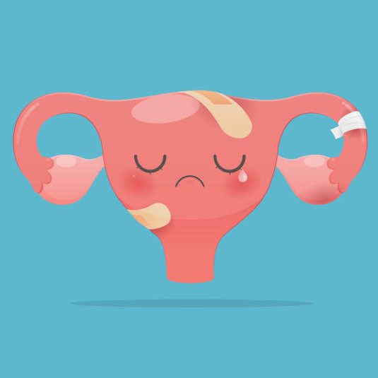 Cartoon with uterus health concept on green background, Sick uterus