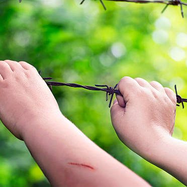 Child's hands on a rusty barbed wire in a sunny green blurry background